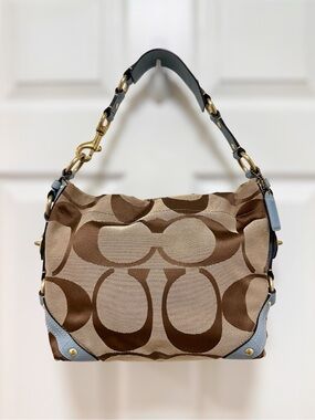 Coach Carly Signature Jacquard Hobo Powder Blue Leather Trim Shoulder Bag Y2K